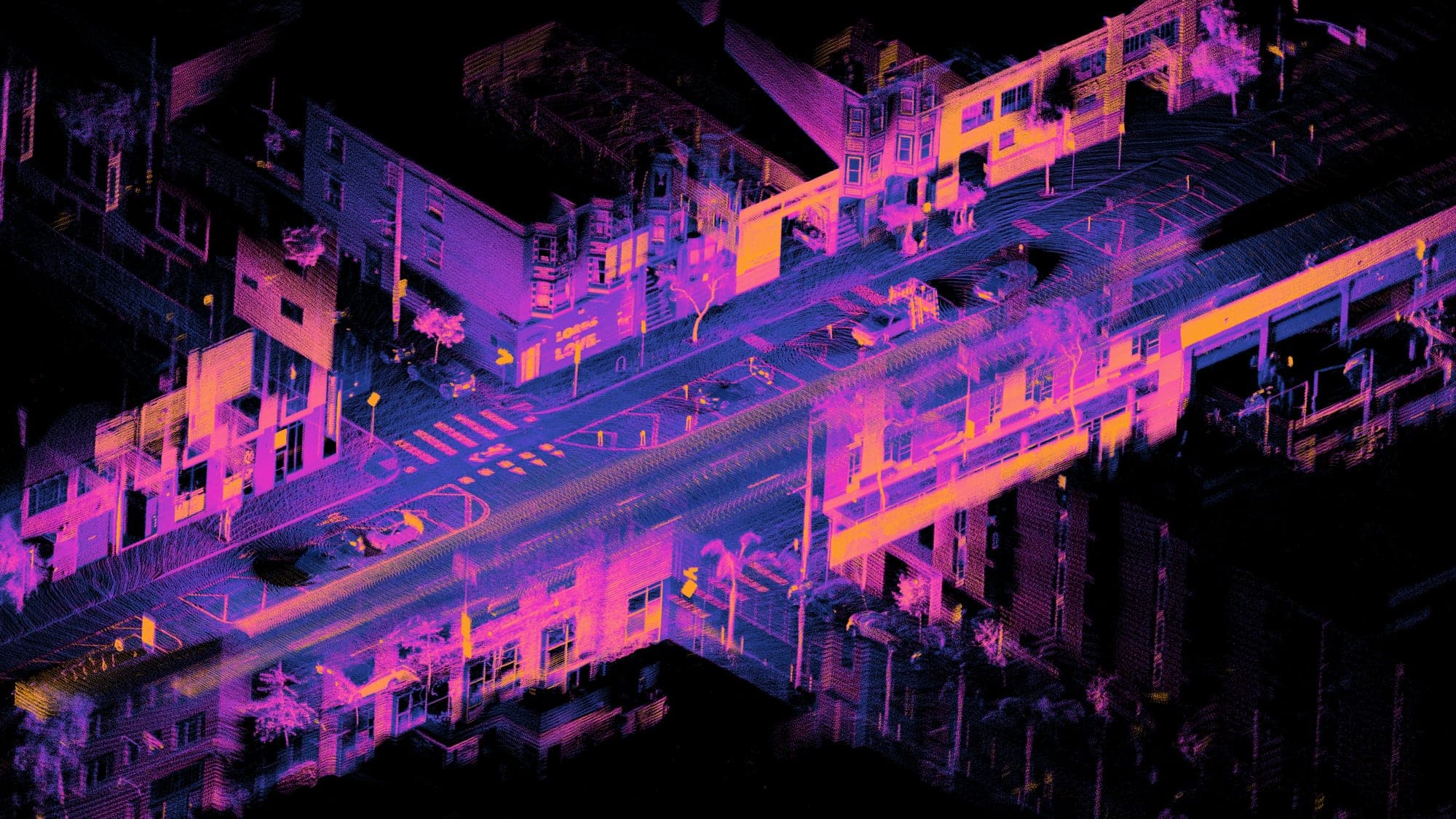 LiDAR point cloud of a street intersection, coloured by intensity