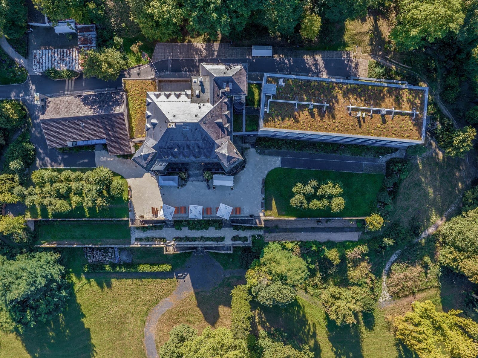 Nadir aerial of an estate, showing building massing and grounds